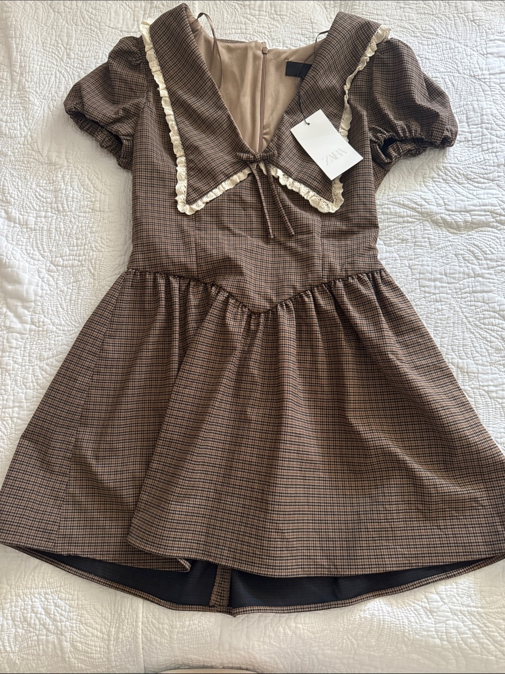 Zara Brown Plaid Mini Dress with Cream Trim